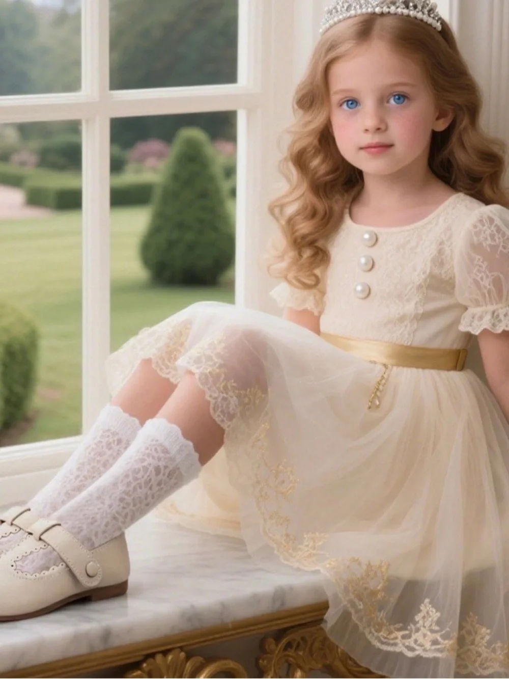 Girls Beige T-Strap Mary Jane Dress Shoes Scalloped Trim Size 28 EU Kids
